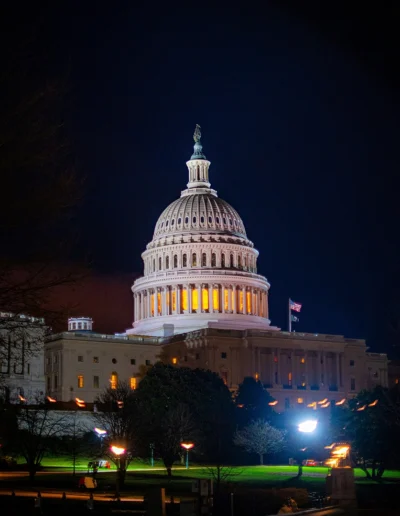 The U.S. Capitol building illuminated at night, showcasing its iconic dome and adjacent greenery against a dark sky.